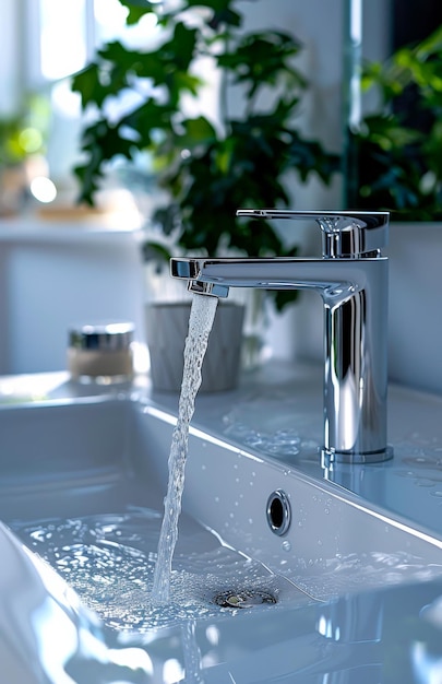 Water flows from the tap into the sink