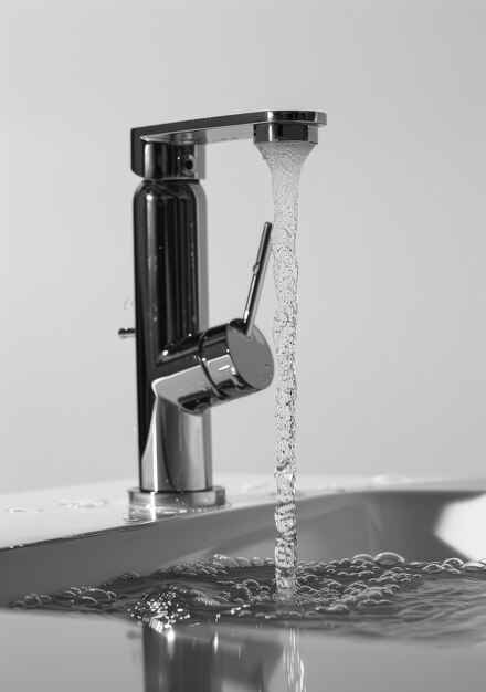 Water flows from the tap in the sink