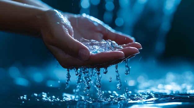 Water flows into cupped hands on a natural background for World Water Day