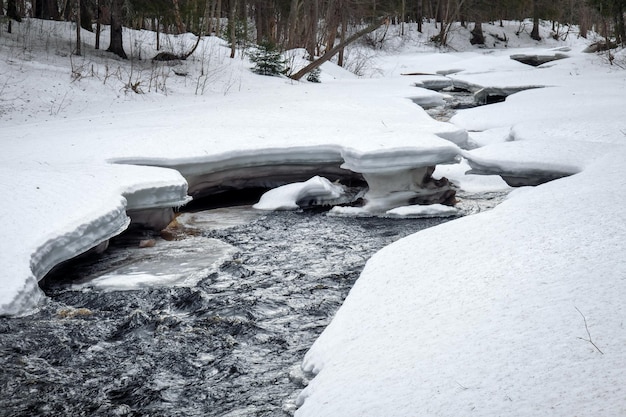 Photo water flows in the river spring came icy stream thawing