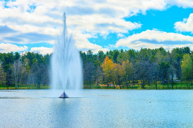 Water fountain on Druskonis Lake and the nature in Druskininkai, Lithuania. Spring