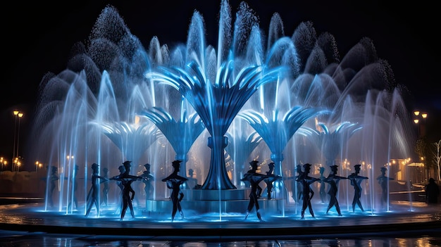 Water fountain show harmoniously synchronized to music and lights Breathtaking rhythmic choreography aquatic artistry dazzling presentation mesmerizing synchronization Generated by AI