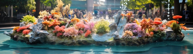 a water fountain with colorful flowers