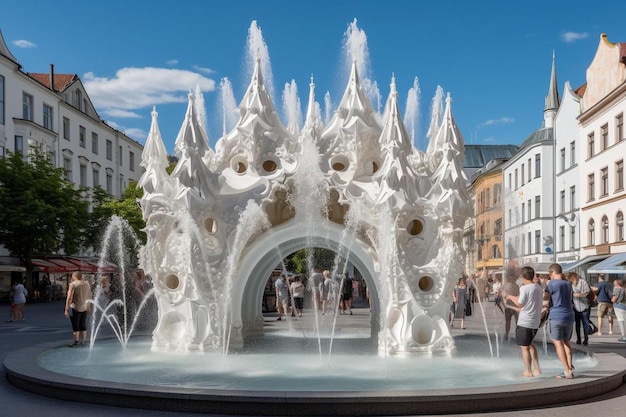 a water fountain with a fountain in the middle