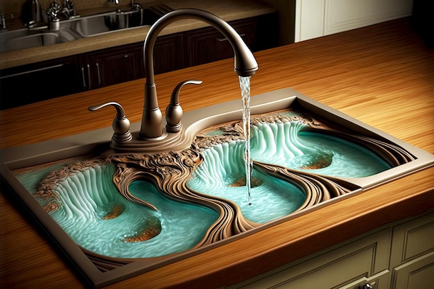 Water from triple tap flows into triple sink embedded in countertop