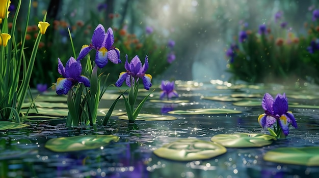 Water Garden Scene with Iris Flowers and Water Lilies