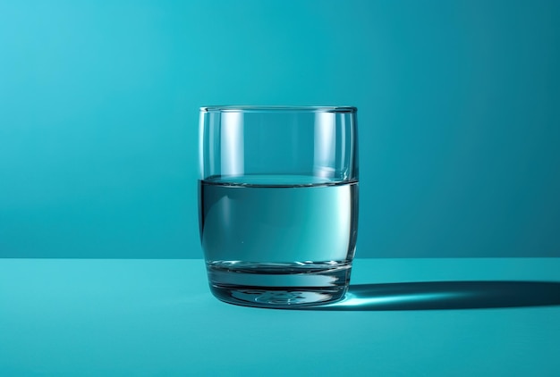 Water in a glass or bottle on a blue background