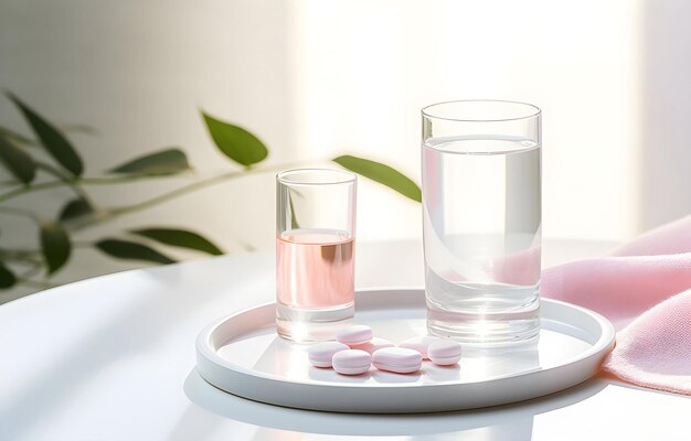 water glass and pills on white wooden table soft light