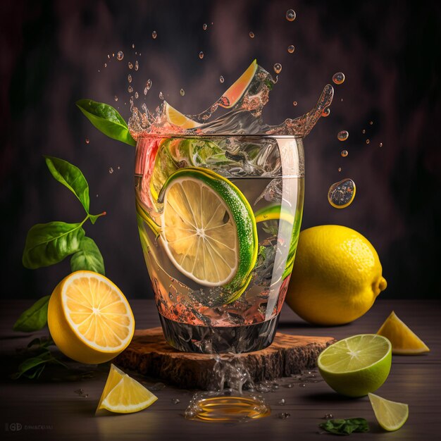 A water glass with lemons and limes and a splash of water