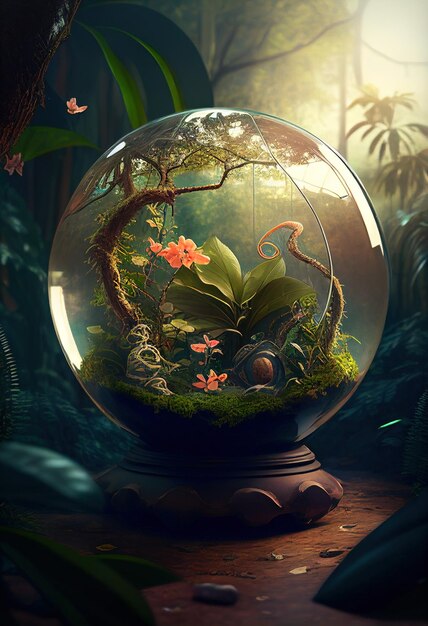 Photo a water globe with a tree in it and a tree branch in the middle