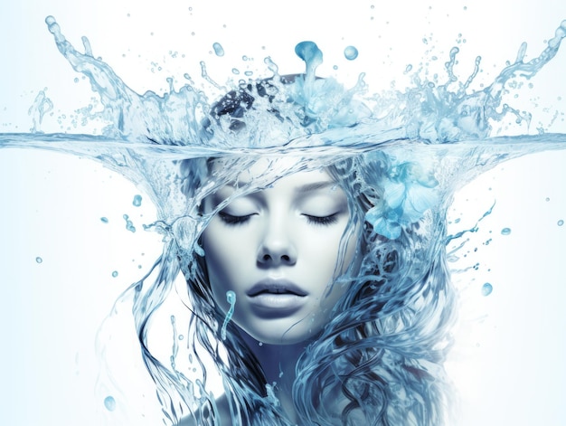 Foto dea dell'acqua ragazza sullo sfondo acqua blu chiaro e una goccia che cade nell'acqua benefica