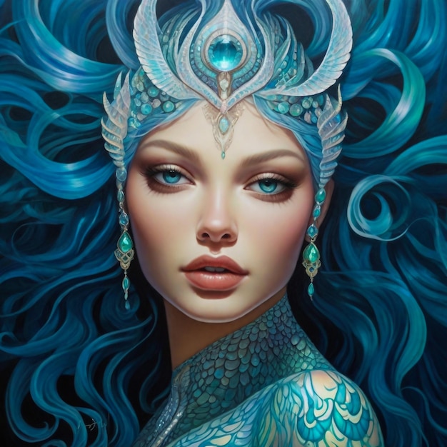 Water goddess wife of neptune or poseidon water queen beautiful water maiden portrait illustration