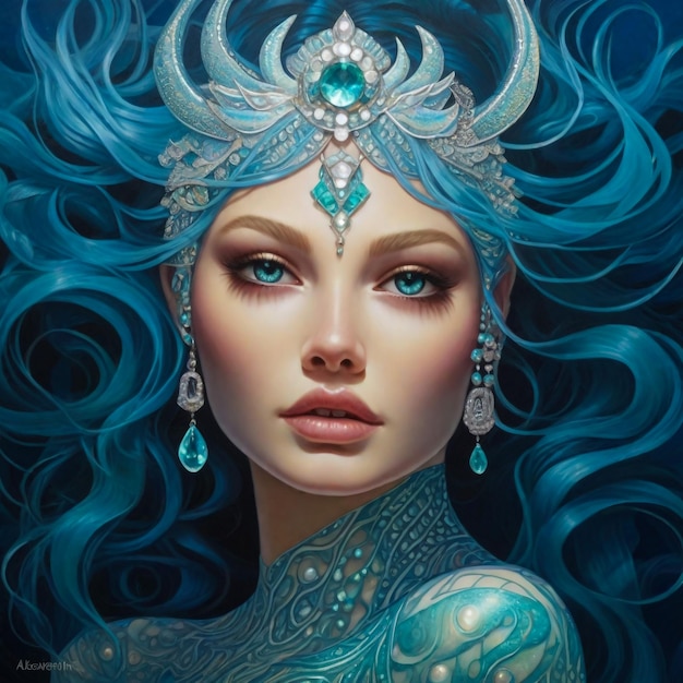Water Goddess Wife of Neptune or Poseidon Water Queen Beautiful Water Maiden Portrait Illustration