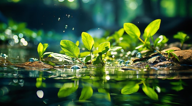 Water on green leaves in slow motion