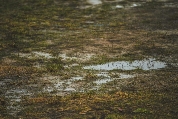 Water on the ground sewage and draining problems heavy rain in rural areas with water puddles