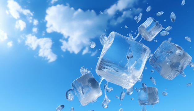 Водный кубик с фоном с размытым голубым небом и облаками Зимние обои Летний баннер