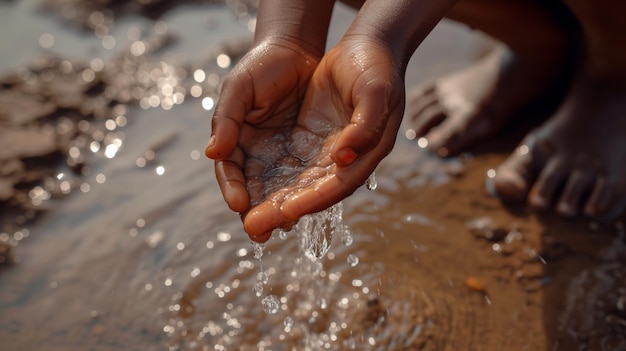 写真 アフリカの子供の手に水 水不足と世界水日コンセプト