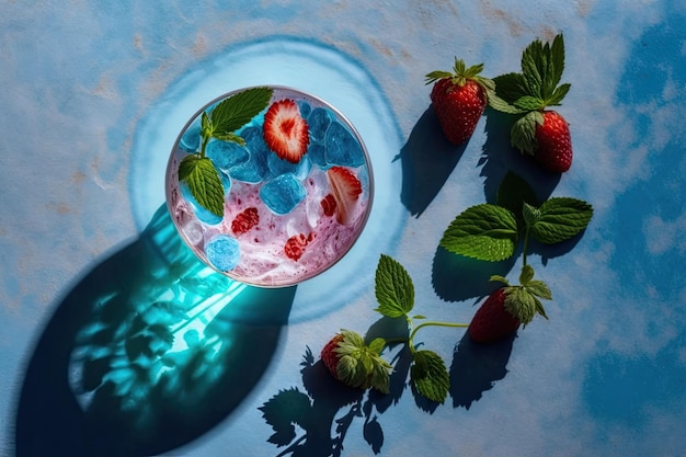 Photo water infused with mint and strawberries for the summer viewed from above casts