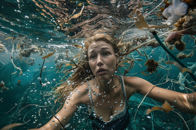 Foto l'acqua è torbida e c'è spazzatura che galleggia attorno a lei.