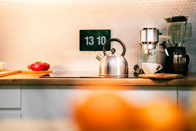 water kettle home kitchen interior screen with digital clock home control