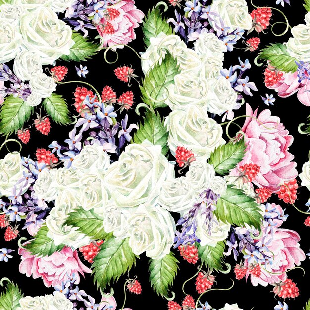 Water kleurenpatroon met bloemen van roos en pioen framboos Illustraties