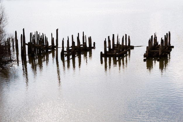 Water landscape with fragments of piles of destroyed bridge reminiscent of unknown hieroglyphs