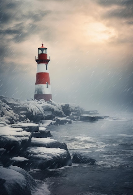 Photo water lighthouse seashore and fog