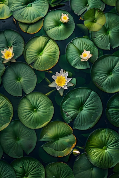 Photo water lilies with green leaves and flowers floating on pond surface