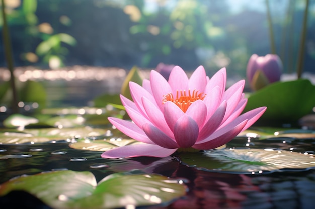 Water lily featuring a pink flower in the background