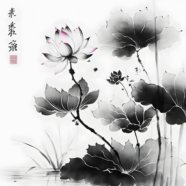 A water lily is shown with a chinese writing on it.