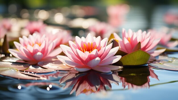 water lily on lake water reflection trees in forest wild lotus on sunset sky on sea