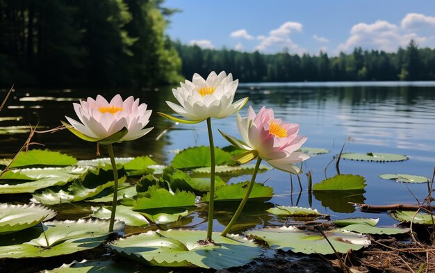 water lily on lake water reflection trees in forest wild lotus on sunset sky on sea