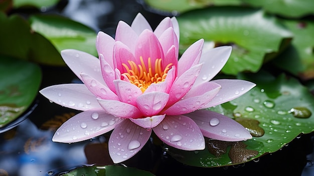 water lily on lake water reflection trees in forest wild lotus on sunset sky on sea