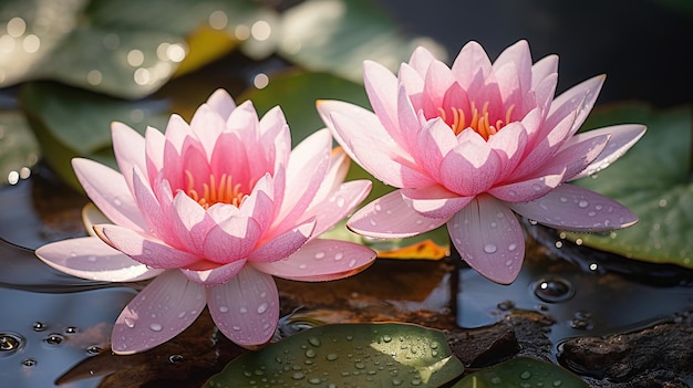 water lily on lake water reflection trees in forest wild lotus on sunset sky on sea