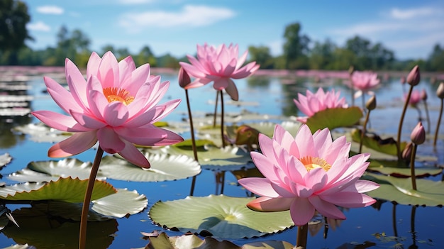 water lily on lake water reflection trees in forest wild lotus on sunset