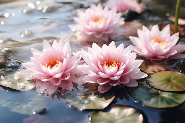 water lily on lake water reflection trees in forest wild lotus on sunset