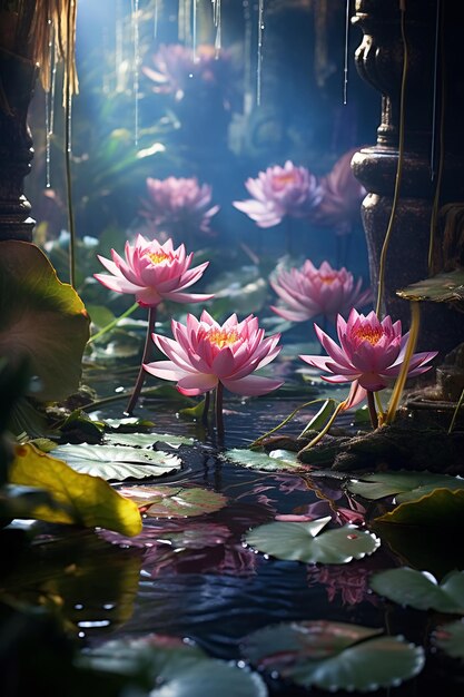 water lily on lake water reflection trees in forest wild lotus on sunset