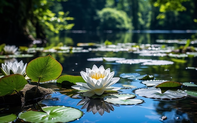 water lily on lake water reflection trees in forest wild lotus on sunset