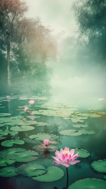 Water Lily Pond Lake Flowers Waterlily Vertical Painting Water Lilies Drawing Generative AI Illustration