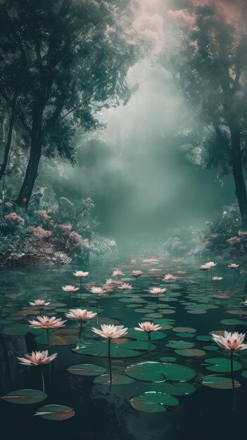 Water Lily Pond Lake Flowers Waterlily Vertical Painting Water Lilies Drawing Generative AI Illustration