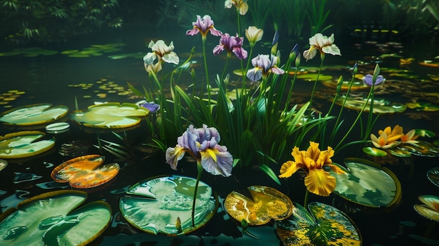 Foto scena di un laghetto di gigli d'acqua bellissimi fiori di iris in un giardino d'acqua