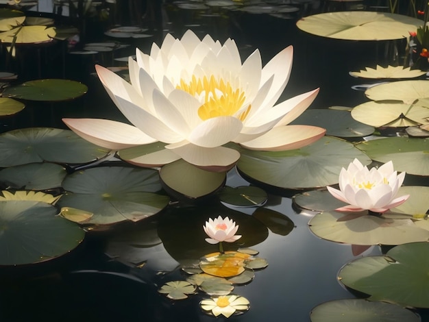 water lily in the pond white lotus in a golden magic pond generative ai