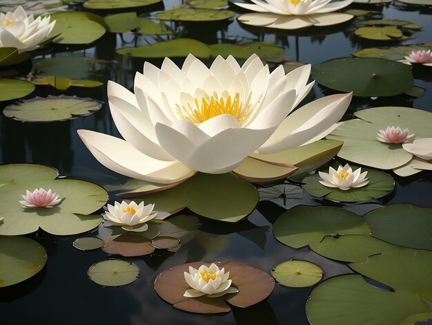 water lily in the pond white lotus in a golden magic pond