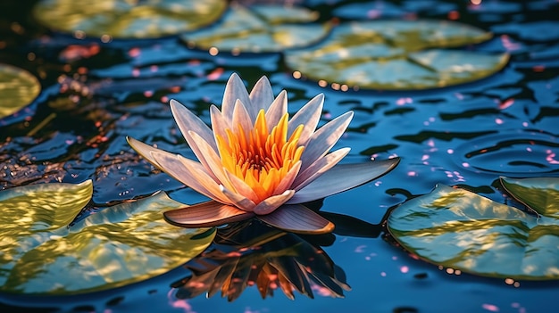 A water lily in a pond with leaves on the water