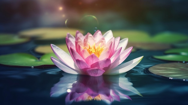 A water lily in a pond with a light shining on it.