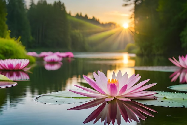 A water lily in a pond with the sun setting behind it