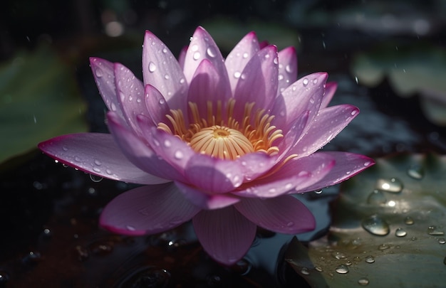 A water lily in a pond with water droplets AI generated