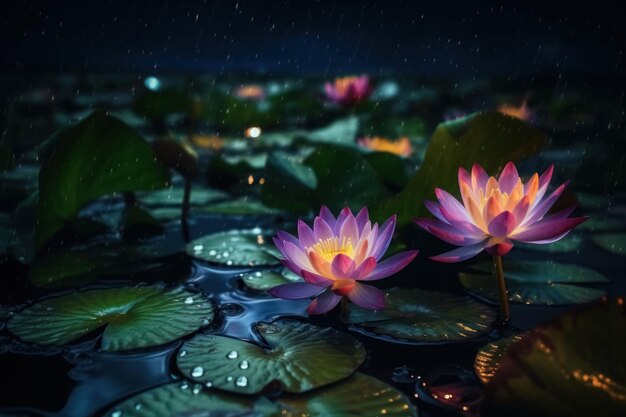 A water lily pond with water lilies in the rain