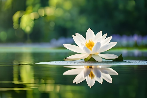 A water lily in the water with a green background
