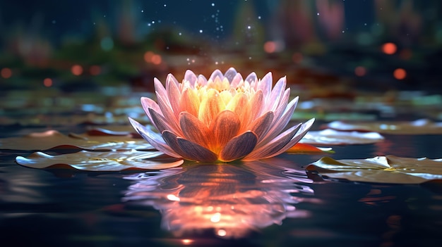 A water lily in the water with a light on it